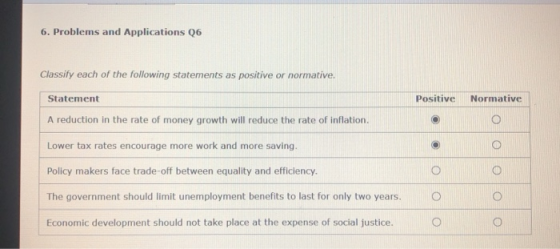 6. Problems and Applications Q6 Classify each of the following statements as positive or normative. Positive Normative Statement A reduction in the rate of money growth will reduce the rate of inflation. Lower tax rates encourage more work and more saving Policy makers face trade-off between equality and efficlency. The government should limit unemployment benefits to last for only two years. Economic development should not take place at the expense of social justice.
