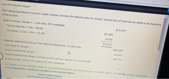 Cost of Production Report The Cutting Department of Karachi Carpet Company provides the following data for January. Assume th