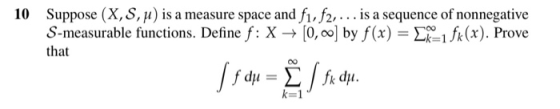 Suppose (X, S,u) is a measure space and f1, f2, ... is a sequence of nonnegative S-measurable functions. Define f: X (0,00] b