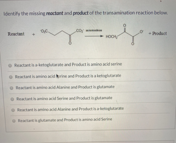 Identify the missing reactant and product of the transamination reaction below. Reactant + .CO2 an inora O2C 0 + Product HOCH