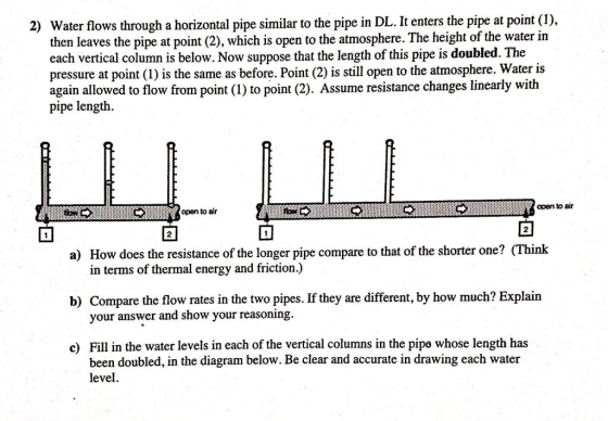 Water flows through a horizontal pipe similar to the pipe in DL. It enters the pipe at point (1), then leaves the pipe at point (2), which is open to the atmosphere. The height of the water in each vertical column is below. Now suppose that the length of this pipe is doubled. The pressure at point (I) is the same as before. Point (2) is still open to the atmosphere. Water is again allowed to flow from point (1) to point (2). Assume resistance changes linearly with pipe length. 2) open to air open to air 2 2 a) How does the resistance of the longer pipe compare to that of the shorter one? (Think b) Compare the flow rates in the two pipes. If they are different, by how much? Explain e) Fill in the water levels in each of the vertical columns in the pips whose length has in terms of thermal energy and friction.) your answer and show your reasoning. been doubled, in the diagram below. Be clear and accurate in drawing each water level