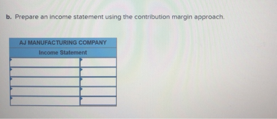 b. Prepare an income statement using the contribution margin approach. AJ MANUFACTURING COMPANY Income Statement