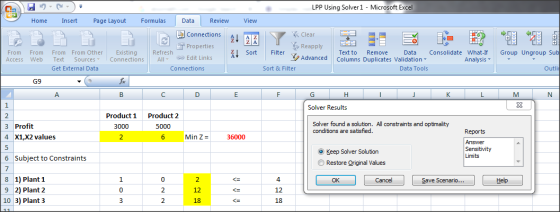 LPP Using Solver 1 - Microsoft Excel Page Layout Home Insert Formulas Data Review View E Connections K Clear E Properties Rea