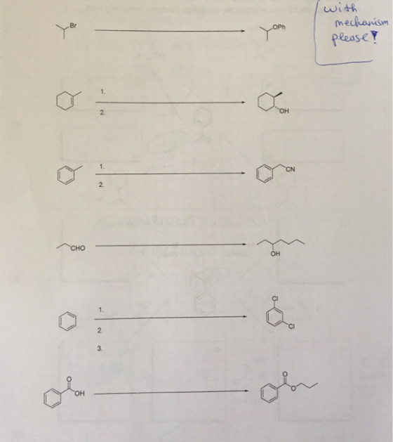 Br YOPH with mechanism please? 2. OH 1. CN 2. CHO OH 1. & 2 3. OH
