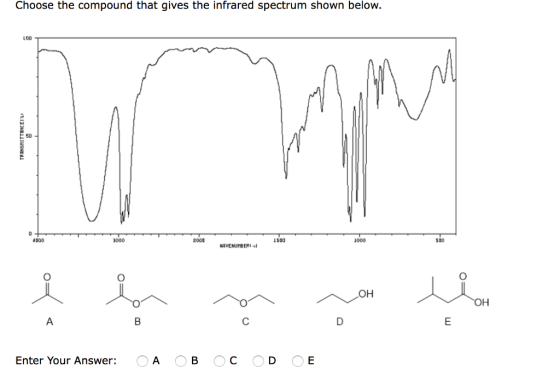 Choose the compound that gives the infrared spectrum shown below. LOD 1000 s00 OH OH Enter Your Answer: A B OC OD OE