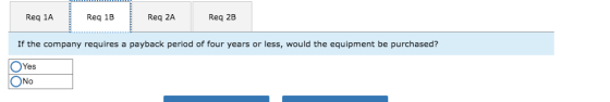 Req 1A Req 1B Req 2A Req 2B If the company requires a payback period of four years or less, would the equipment be purchased?