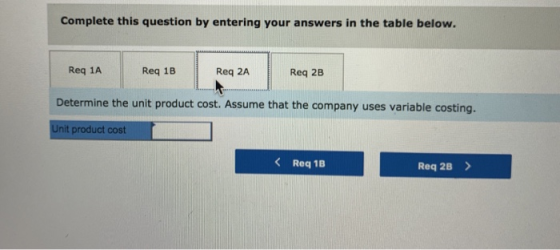 Complete this question by entering your answers in the table below. Req 1A Req 1B Req 2A Req 2B Determine the unit product co