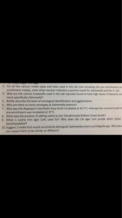 3. For all the various media types and tests used in this lab (not including the pre-enrichment an enrichment media), state w