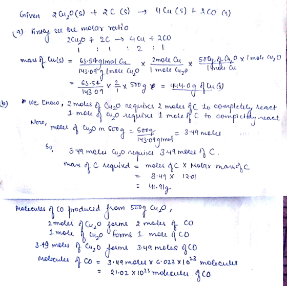 Griven a Cu, 0(s) + 3 C (s) Cu (S) ERCO (s) 19) firstly see free molay ratio 0 201,0 + 20 = 404 + 200 b) mars of lu (s) = 63.
