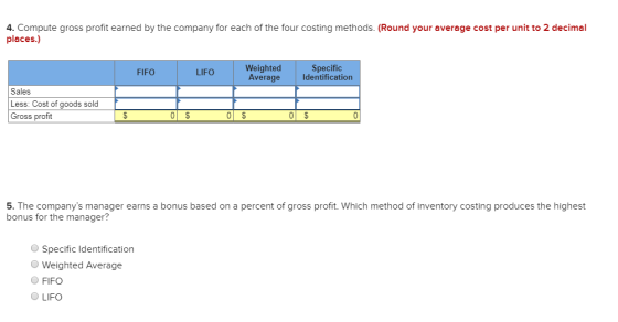 4. Compute gross profit earned by the company for each of the four costing methods. (Round your average cost per unit to 2 de
