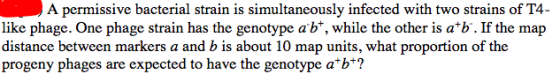 A permissive bacterial strain is simultaneously infected with two strains of T4- like phage. One phage strain has the genotype a b*, while the other is a*b . If the map distance between markers a and b is about 10 map units, what proportion of the progeny phages are expected to have the genotype a ?