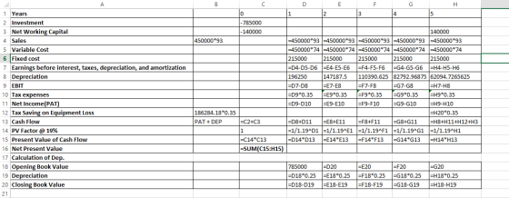 A B с D E F G H 1 2 3 4 15 0 -785000 - 140000 450000*93 1 Years 2 Investment 3 Net Working Capital 4 Sales 5 Variable Cost 6
