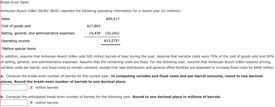 Break-Even Sales Anheuser-Busch InBev SA/NV (BUD) reported the following operating information for a recent year (in millions