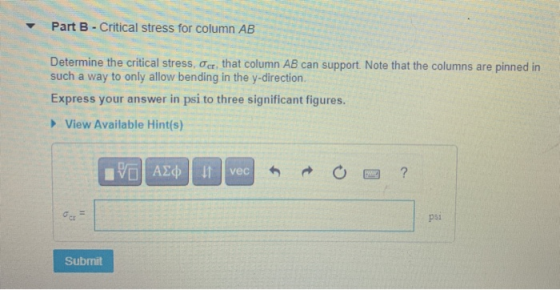 Part B - Critical stress for column AB Determine the critical stress, or that column AB can support. Note that the columns ar