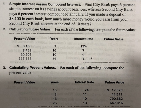 1. Simple Interest versus Compound Interest. First City Bank pays 6 percent simple interest on its savings account balances,