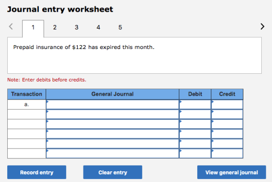 Journal entry worksheet 2 3 4 5 Prepaid insurance of $122 has expired this month. Note: Enter debits before credits. Transact
