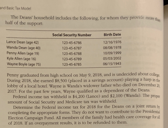 and Basic Tax Model The Deans household includes the following, for whom they provide more half of the support: Lance Dean (age 42) Wanda Dean (age 40) Penny Allen (age 19) Kyle Allen (age 16) Wayne Boyle (age 75) Social Security Number 123-45-6786 123-45-6787 123-45-6788 123-45-6789 123-45-6785 Birth Date 12/16/1976 08/08/1978 10/09/1999 05/03/2002 06/15/1943 Penny graduated from high school on May 9, 2018, and is undecided about college During 2018, she earned $8,500 (placed in a savings account) playing a harp in the lobby of a local hotel. Wayne is Wandas widower father who died on December 20 2017. For the past few years, Wayne qualified as a dependent of the Deans. Federal income tax withheld is $4,200 Lance) and $2,100 (Wanda). The proper amount of Social Security and Medicare tax was withheld. Determine the Federal income tax for 2018 for the Deans on a joint return by completing the appropriate forms. They do not want to contribute to the Presidential Election Campaign Fund. All members of the family had health care coverage for all of 2018. If an overpayment results, it is to be refunded to them.