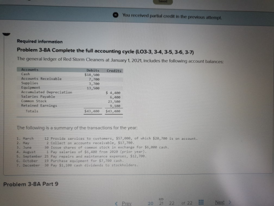 Seved You received partial credit in the previous attempt. Required information Problem 3-8A Complete the full accounting cyc