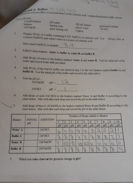 vom voline SE 5: Buffers o n test effect of acid and bases on the carbonic acid/sodium bicarbonate buffer system. ere will te