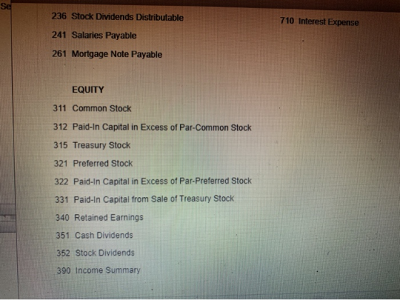 Se 236 Stock Dividends Distributable 710 Interest Expense 241 Salaries Payable 261 Mortgage Note Payable EQUITY 311 Common St