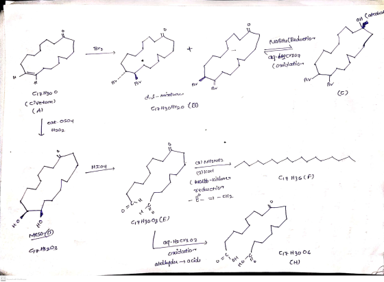 OH Calochas 0 niaBluC Reduction Brz t an aq.ly C7207 coridation H BV BV Br BY BY BV (6) CizH3o o c civetone) did- mixtrous (A