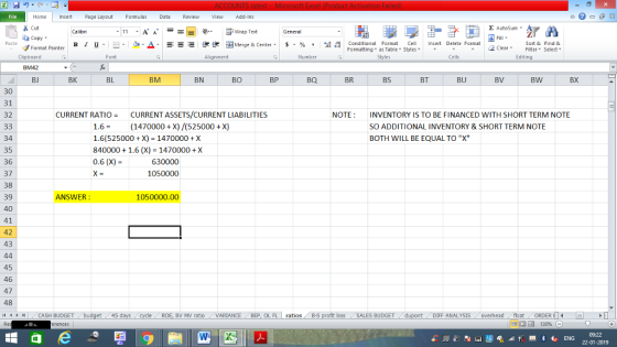 Home nert Page Layout Formulas Data Review View dd-Ins Cut Σ AutoSum ー E ゴWrap Text ta copy. B า 프 . Ej-., Δ. : r_一 逻锂函Merge & Center. $, % , 弼,8 Paste Conditional Format CeInsert Delete Format Formatting, as Table w styles. ▼ ㆆ ▼ Sort &Find & 2 ClearFe Select Edting Format Painter Clipboard Font Alignment Number Cells BM42 BJ BK BL BM BN BO BP BQ BR BS BT BU BV BW BX 30 31 32 CURRENT RATIO = CURRENT ASSETS/CURRENT LIABILITIES NOTE INVENTORY IS TO BE FINANCED WITH SHORT TERM NOTE SO ADDITIONAL INVENTORY & SHORT TERM NOTE BOTH WILL BE EQUAL TO X 1.6(1470000 X)/(525000X) 16(525000 + X) = 1470000 + X 8400001.6 (X) 1470000 X 0.6 (x) 34 35 36 37 38 39 40 41 42 43 630000 1050000 SWER 1050000.00 45 46 47 48 | .. CASH BUDGET 45 BV MV ratio VARIANCEBEP, OL FL ratios B-S loss SALES BUDGET DİFF ANALYSIS- overhead float | ORDER E 09:22 22-01-2019