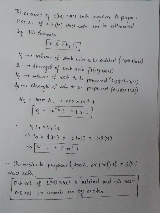 The amount of £(M) Nace soln required to prepare 1000 let of 0.2 M) Nace sol can be estimated by the formula [VISI a V 2 S2]