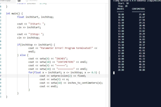 clang version6.8.0-lubuntuz (tags/RELEAS Start : 10 Stop: 20 23 INCHES CENTIMETERS 0 int main) { 18-88 10-50 11.06 11.50 12.0