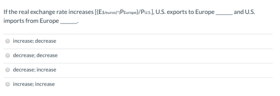 If the real exchange rate increases [(Es/euros)(PEurope)/Pu.s.), U.S. exports to Europe__and U.S. imports from Europe increa
