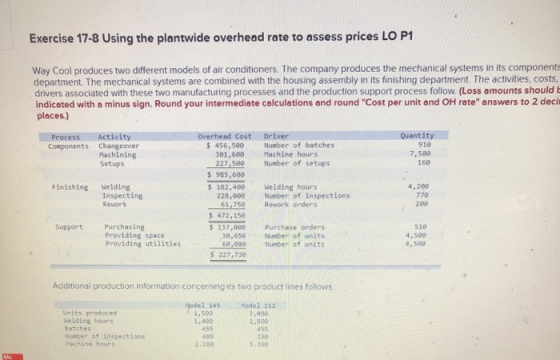 Exercise 17-8 Using the plantwide overhead rate to assess prices LO P1 Way Cool produces two different models of air conditio