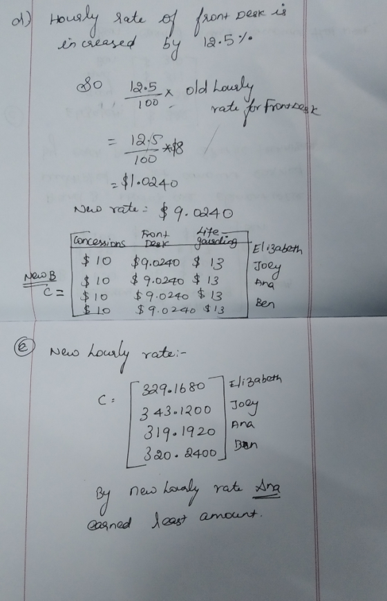 d) Hourly rate increased of by front desk is 12.5% So 125 old hourly rate for Frontheek I OD = 12 tonte 2$1.0240 New rate= $9