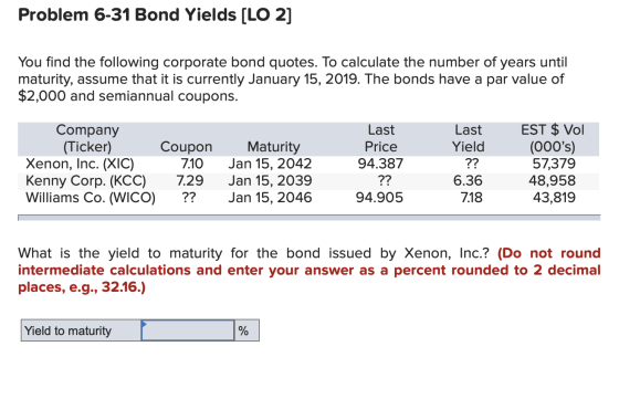 Problem 6-31 Bond Yields (LO 2] You find the following corporate bond quotes. To calculate the number of years until maturity