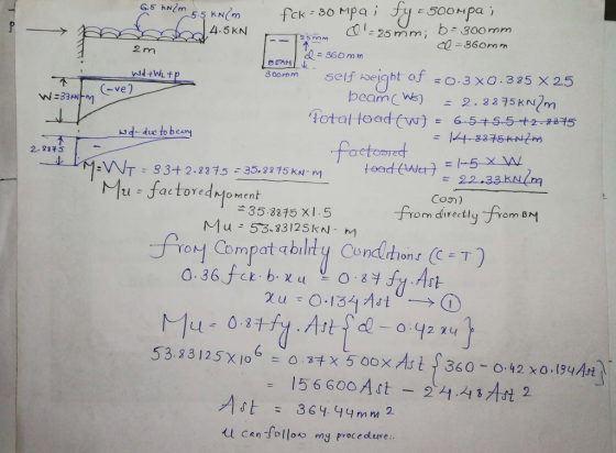 di: 25mm; が360 mm 4.5KN c 8GOmm 2 5 m m 2m l 360mm 3comm setf weight of O.3 xO.325 x 25 -ve) ud due to besn 2. 3875 Con) factoredMoment from directly from B서 35.3215 X1.5 Mu 5333125 kN M roy Compot abilty Condlthons C T) 14 l canfolloo my Procedure