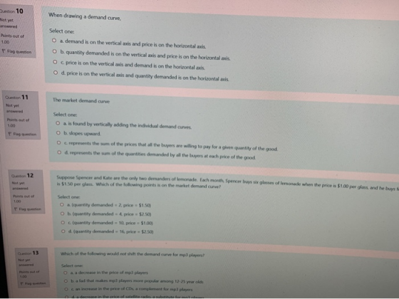 Question 10 Not yet answered When drawing a demand curve, Points out of 100 Flag question Select one: O a. demand is on the v