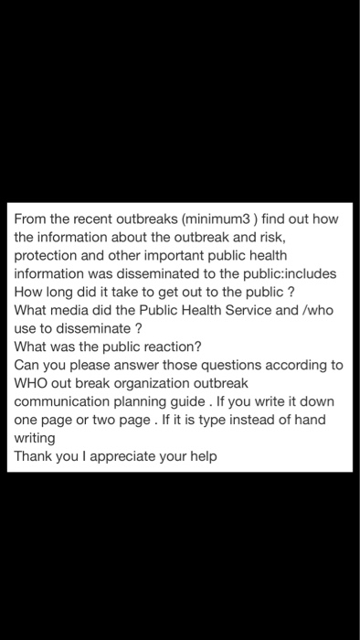 From the recent outbreaks (minimum3) find out how the information about the outbreak and risk, protection and other important public health information was disseminated to the public:includes How long did it take to get out to the public? What media did the Public Health Service and/who use to disseminate? What was the public reaction? Can you please answer those questions according to WHO out break organization outbreak communication planning guide. If you write it down one page or two page. If it is type instead of hand writing Thank you I appreciate your help