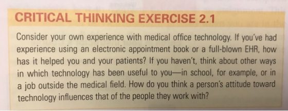 CRITICAL THINKING EXERCISE 2.1 Consider your own experience with medical office technology. If youve had experience using an