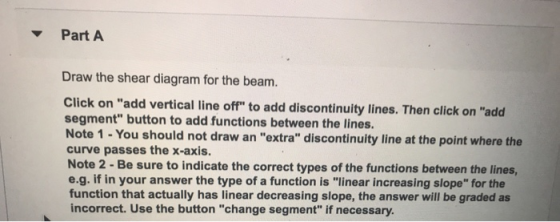 Part A Draw the shear diagram for the beam. Click on add vertical line off to add discontinuity lines. Then click on add segment button to add functions between the lines. Note 1- You should not draw an extra discontinuity line at the point where the curve passes the x-axis Note 2 - Be sure to indicate the correct types of the functions between the lines, e.g. if in your answer the type of a function is linear increasing slope for the function that actually has linear decreasing slope, the answer will be graded as incorrect. Use the button change segment if necessary.