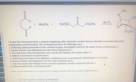 СО cat. H + NH2CH3 + H2CO2C CO2CH3 CO CHE Cocaine has been prepared by a sequence beginning with a Mannich reaction between d