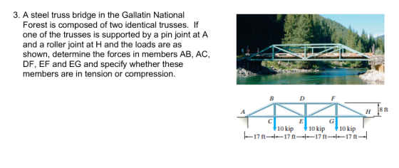 3. A steel truss bridge in the Gallatin National Forest is composed of two identical trusses. If one of the trusses is supported by a pin joint at A and a roller joint at H and the loads are as shown, determine the forces in members AB, AC, DF, EF and EG and specify whether these members are in tension or compression. NS 0 kip 10 kip 10 kip -17 ft--17 ft17 ft-17ft