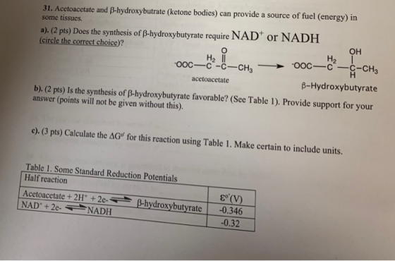 31. Acetoacetate and B-hydroxybutrate (ketone bodies) can provide a source of fuel (energy) in some tissues a). (2 pts) Does