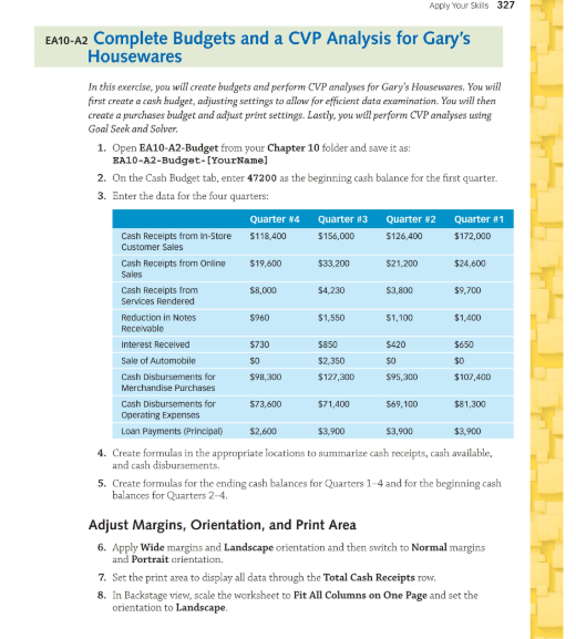 Aply Yours 327 EA10-A2 Complete Budgets and a CVP Analysis for Garys Housewares In this exercise, you will create budgets an