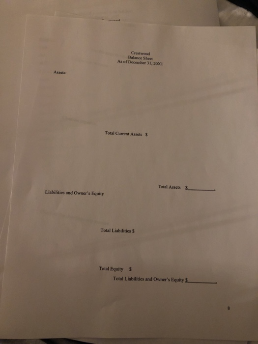 Crestwood Balance Sheet As of December 31, 20XI Assets: Total Current Assets $ Total Assets S Liabilities and Owners Equity Total Liabilities S Total Equity Total Liabilities and Owners Equity S