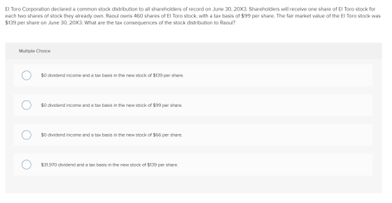 El Toro Corporation declared a common stock distribution to all shareholders of record on June 30, 20X3. Shareholders will re