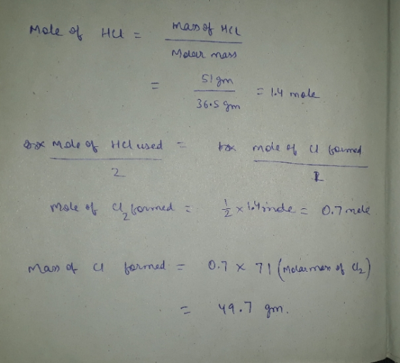 Mole of Hell = mass of her Moler mass sigm = 1.4 mole 36.5 gm Box Mole of Hel used = x mole of u frimed mole of a formed & xi