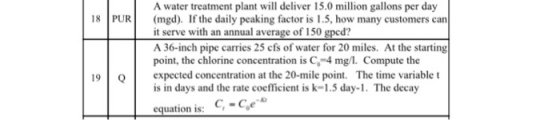 A water treatment plant will deliver 15.0 million gallons per day 8 PUR(mgd). If the daily peaking factor is 1.5, how many customers carn it serve with an annual average of 150 gped? A 36-inch pipe carries 25 cfs of water for 20 miles. At the starting point, the chlorine concentration is C,4mgl. Compute the 19 Qexpected concentration at the 20-mile point. The time variable is in days and the rate coefficient is k-1.5 day-1. The decay equation is: C-Ce