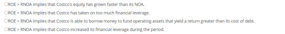 OROE > RNOA implies that Costcos equity has grown faster than its NOA. OROE > RNOA implies that Costco has taken on too much