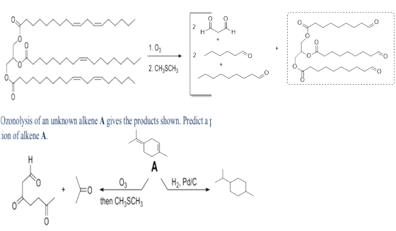 2 Н 1.03 2 2. CH,SCH Ozonolysi of an unknown alkene A give the products shown. Predict a ion of alkene A. H А Hа, PalC O3 the