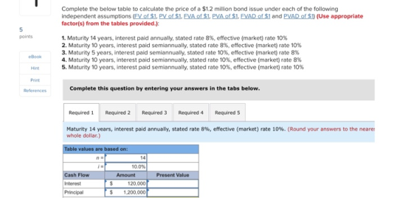 Complete the below table to calculate the price of a $1.2 million bond issue under each of the following independent assumpti