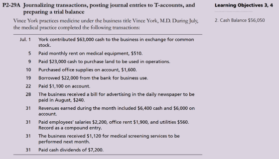 Learning Objectives 3, 4 P2-29A Journalizing transactions, posting journal entries to T-accounts, and preparing a trial balan