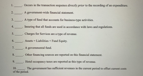 Occurs in the transaction sequence directly prior to the recording of an expenditure. 1. 2. A government-wide financial state
